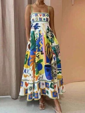 Papermoon Cream Maxi Dress with Blue, Green, Yellow & Orange Graphic Motifs